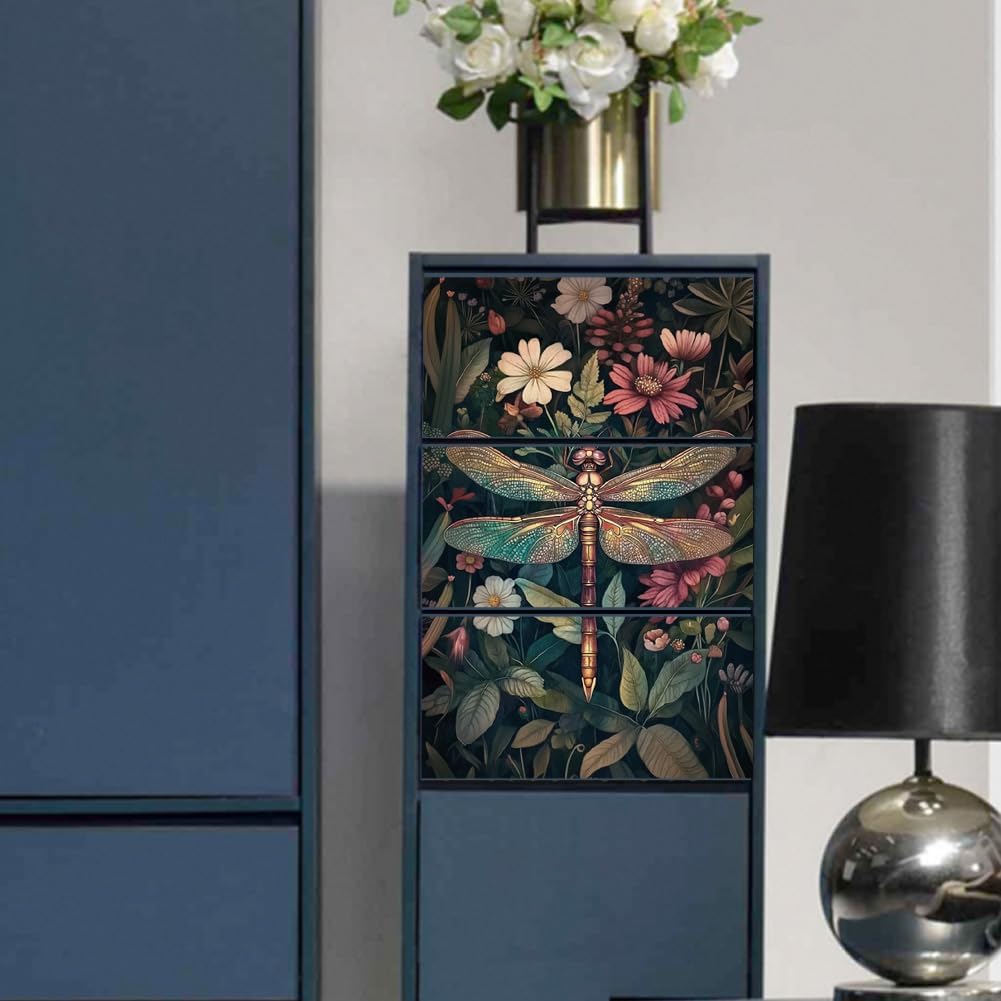Peacoblue Rub on Transfer Decal Sticker for Furniture Craft Decor 6"x12" Vintage Dragonfly and Flowers, 3Pcs Waterproof UV DTF Transfer for Drawer Dresser Glass Porcelain Wood Plastic Window