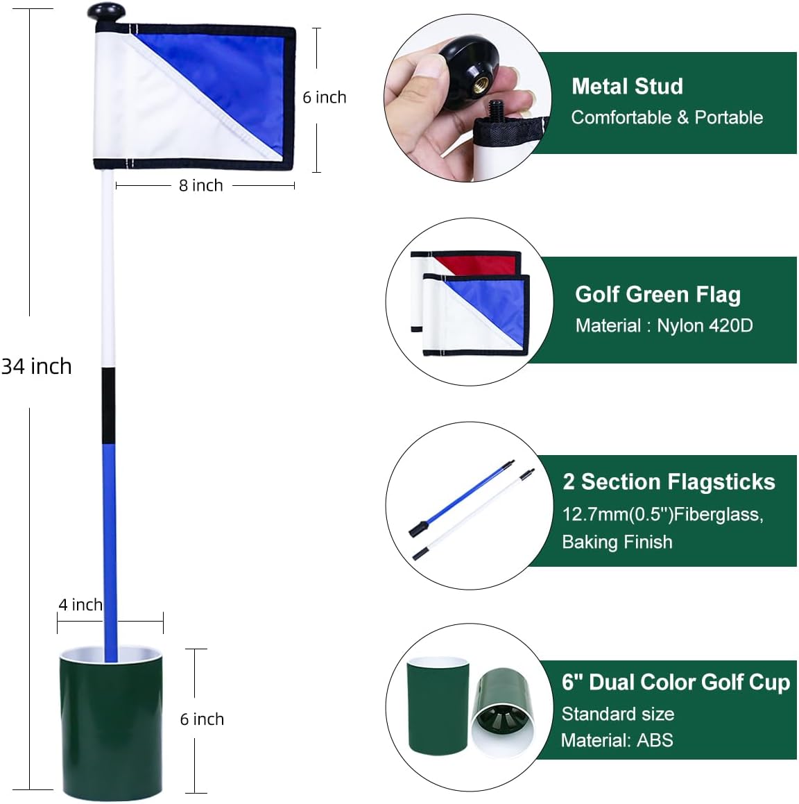 Golf Flagstick 3ft,Golf Flag Hole Cup Set Double-Sided Putting Green Flags for Backyard Putting Green Driving Range Practice Two-Section Design Portable