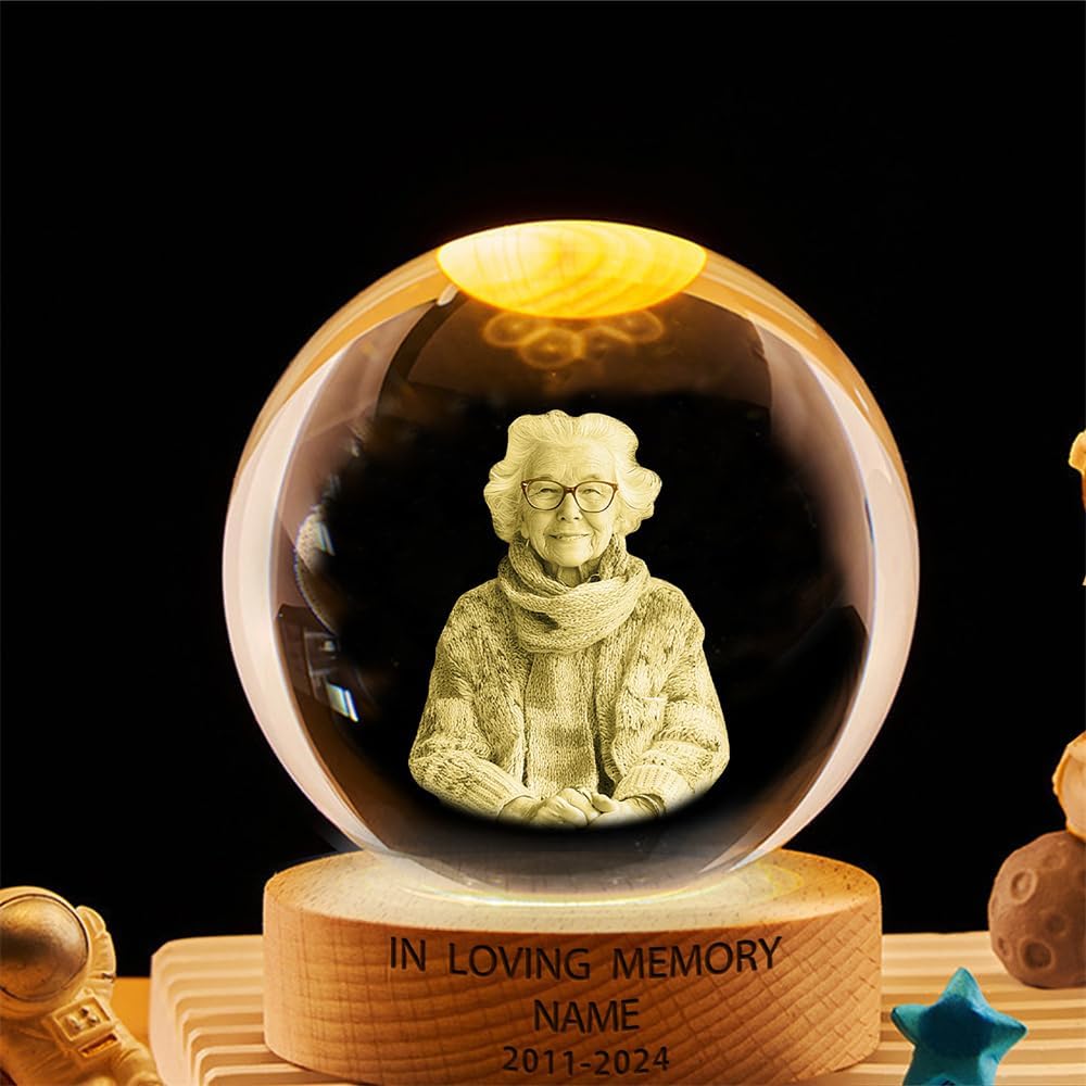 Personalized Mom Mama Grandma photo Memorial Crystal Globe Night Light Gift for Women, Custom photo picture Grandma 3D Memory Crystal Ball Lamp for Bedroom Room Decor,Sympathy Gift of Remembrance