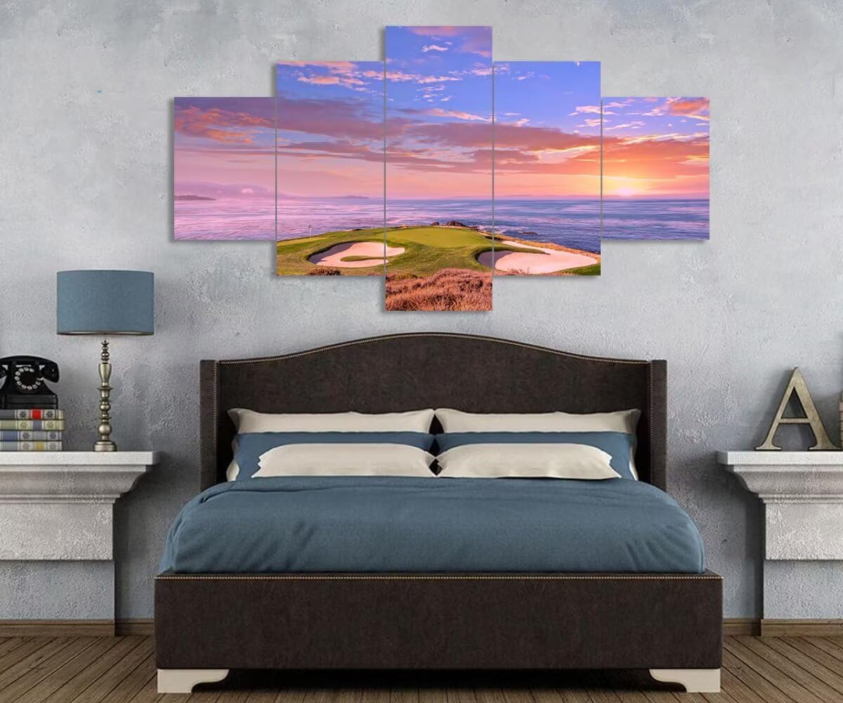 chenchenArt Pebble Beach Golf Course Hole 7 Wall Art for Living Room Bedroom Bathroom Home Decorations Monterey California USA Golf Course Pictures Canvas Prints Framed Ready to Hang(60''W x 40''H)