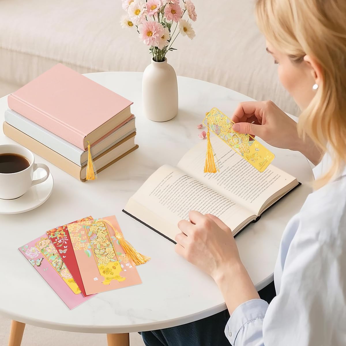 3pcs Metal Flower Bookmarks with Tassel for Reading Women, Pretty Cute Book Markers for Women, Kids, Book Lovers, Reading Accessories Gifts for Book Lovers (Style 1)