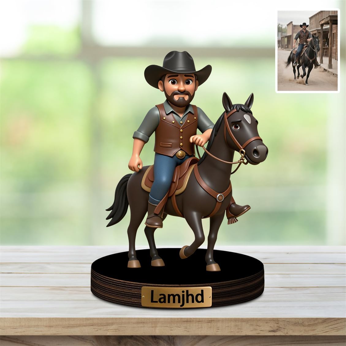 Personalized Horse Rider Cartoon Acrylic Desktop Sign with Name Custom Horse Racing Portrait Figurine Decor Race Horses Sculpture Desk Ornament for Men Women Family Couple Christmas Birthday