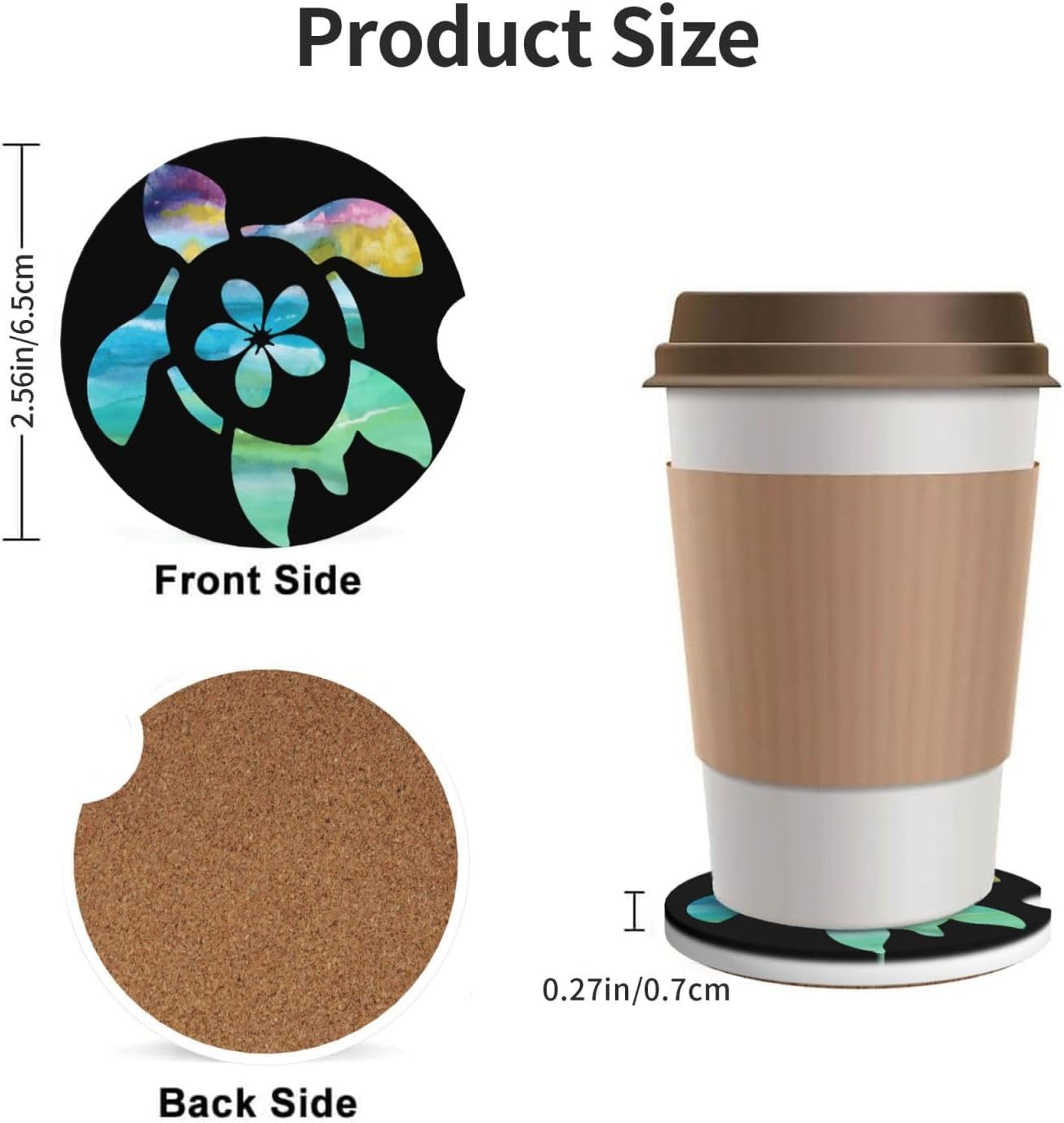 Car Cup Holder Coasters, Sea Turtle Car Coasters for Cup Holder Drinks, 2 Pack Ceramic Cute Auto Interior Accessories for Women Men
