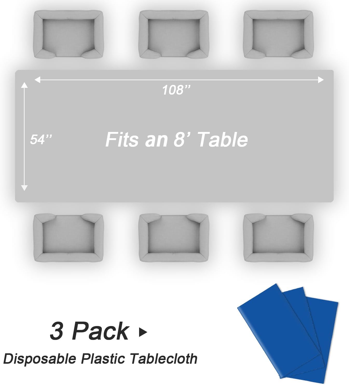 QIKSION Plastic Table Cloth Disposable 3 Pack, 54 x 108 Inch Tablecloths for Rectangle Tables, Blue Plastic Table Cover