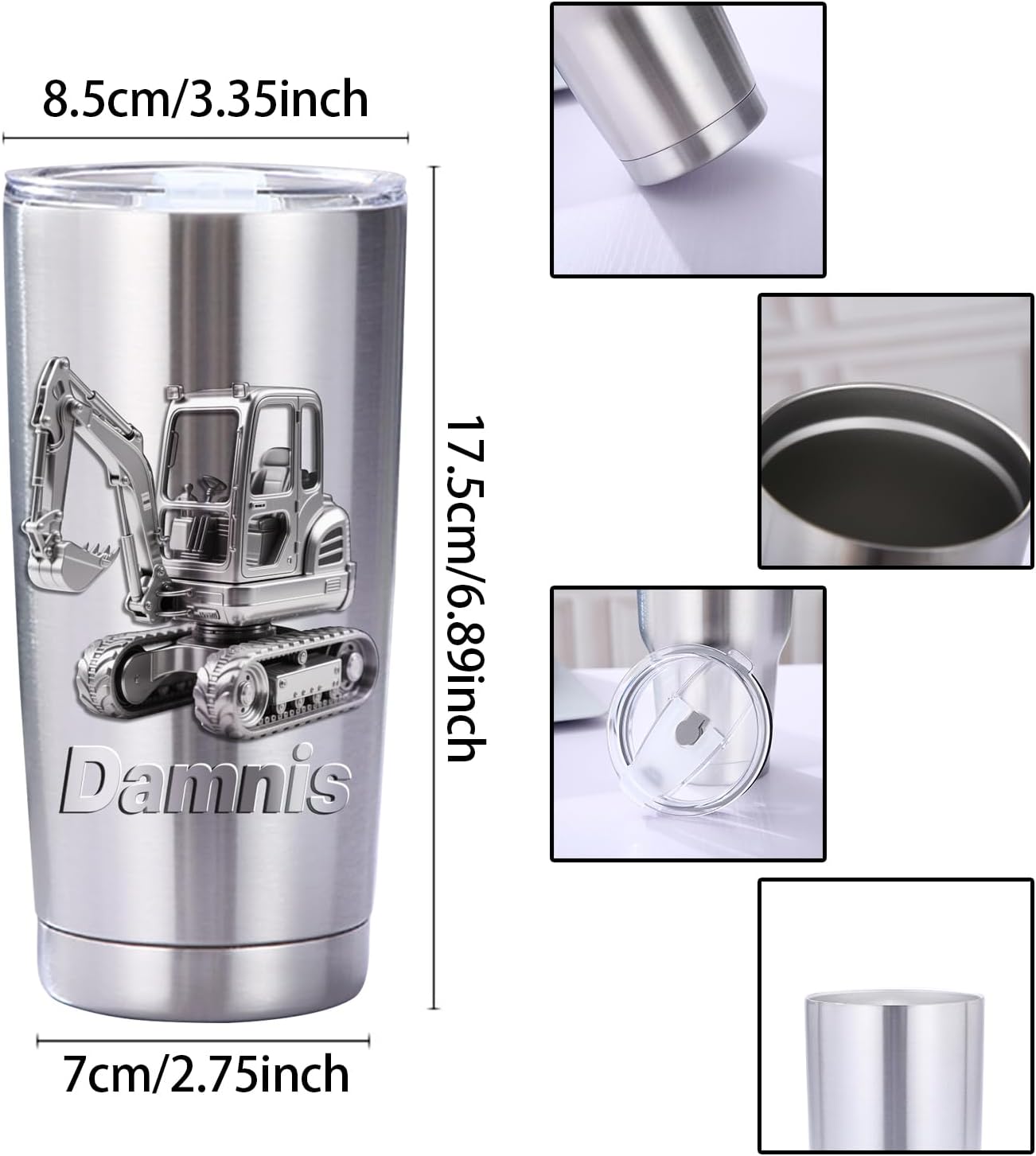 Personalized 3D Excavator Stainless Steel Silver Tumbler Mug for Kids Boys, Custom Name Excavator Tumbler Mug for Construction Lover, Kids Boy Birthsday Gift