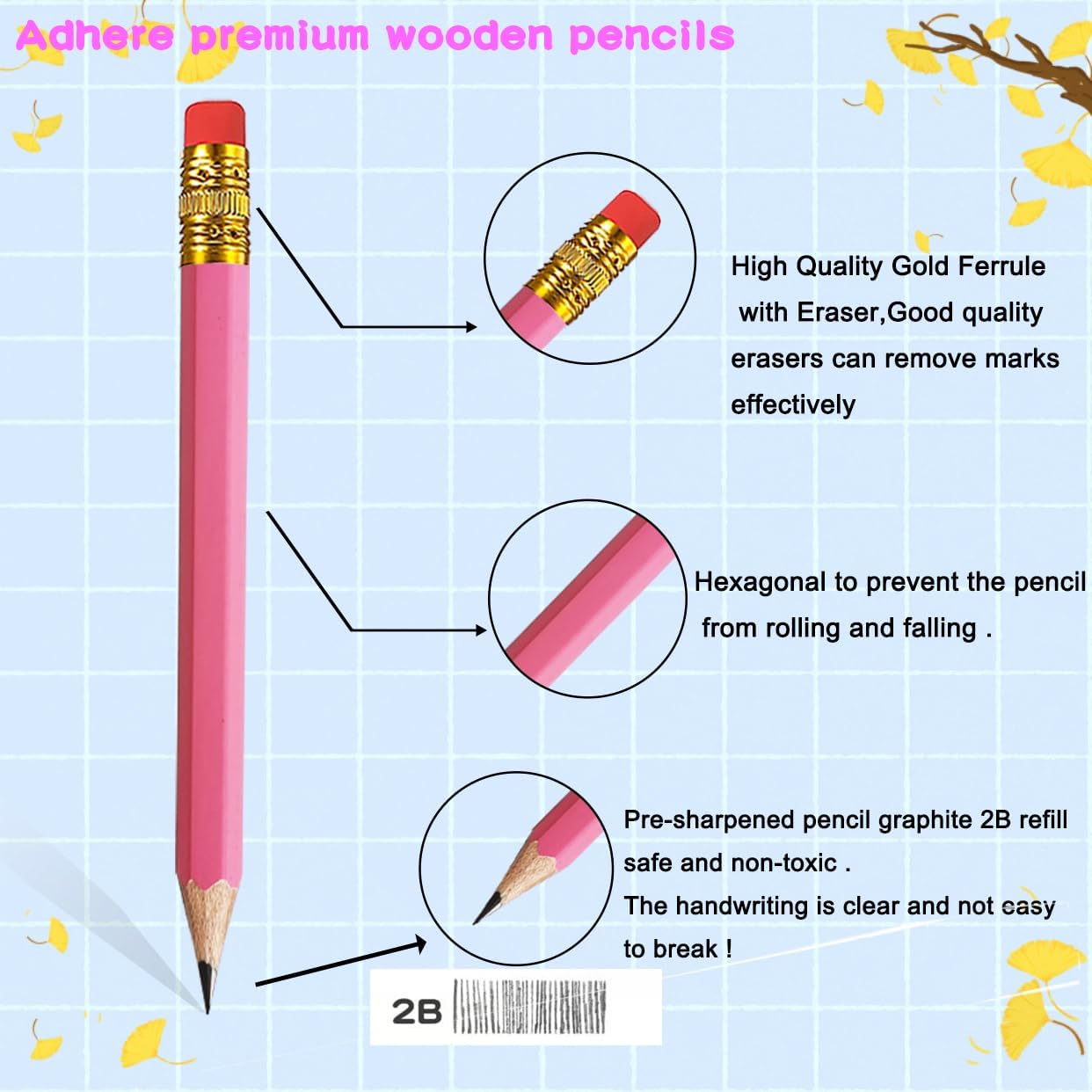 Adhere 25pcs Golf Pencils with eraser Hexagon Wooden Pencils Graphite 2B for Golf Event Scoring,Classroom,Wedding,Company Meetings,Pew, Pocket (Pink)