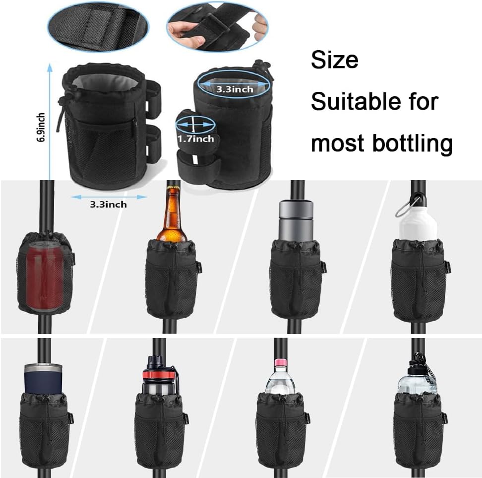 Cup Holder for Bike,Scooter and Wheelchair,Water Bottle Holder for Walker,Golf Cart and Beach,Universal Drink Holder Accessories with Net Pocket and Cord Lock (1 Piece,Black)