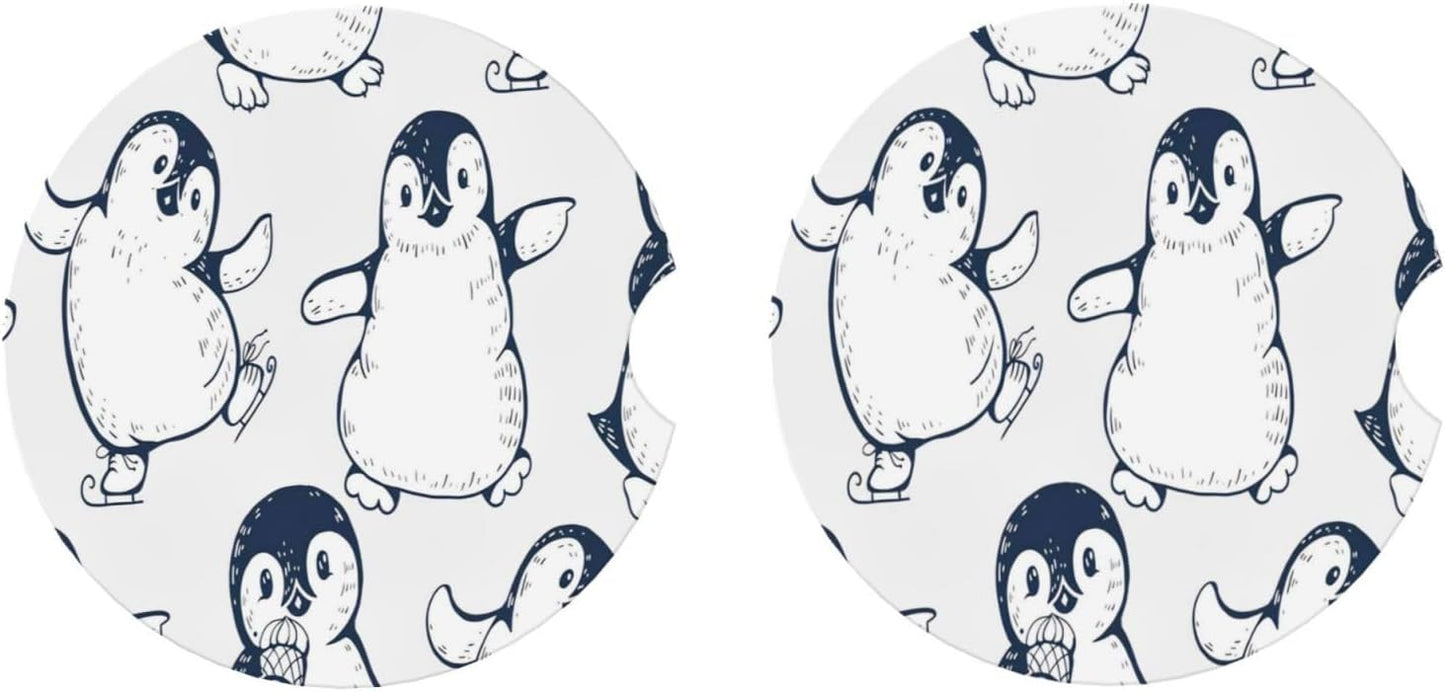 Car Cup Holder Coasters, Cute Penguins Car Coasters for Cup Holder Drinks, 2 Pack Ceramic Auto Interior Accessories for Women Men