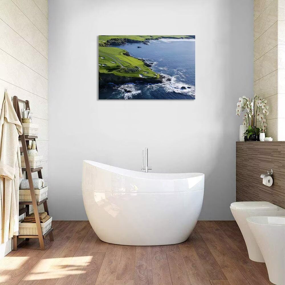 Pebble Beach Golf Course Canvas Wall Art for Living Room Bedroom Bathrooom Home Decorations California Coastal Golf Course Picture Poster Framed Artwork Ready to Hang(18''H x 24''W)