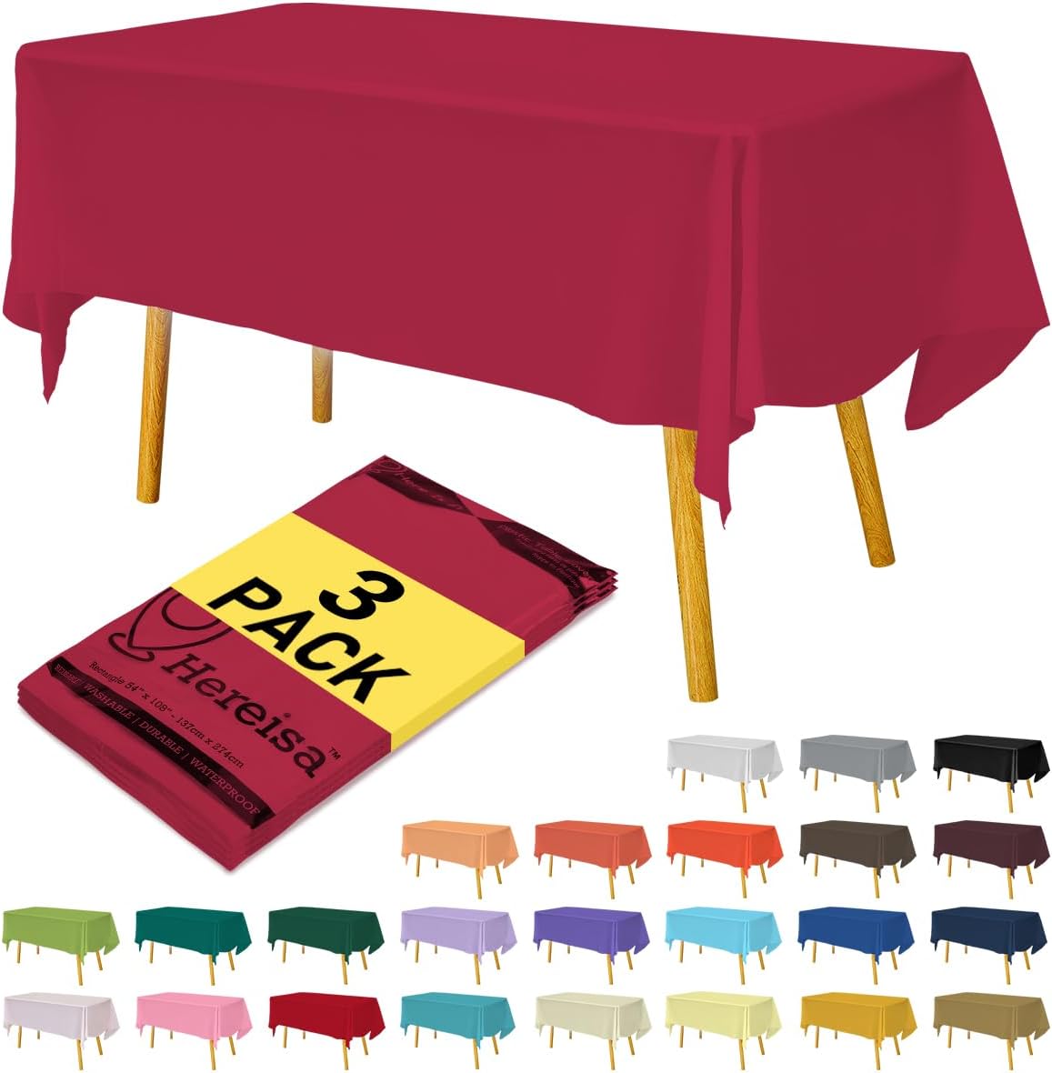 Plastic Cerise Tablecloths 3 Pack Disposable Table Covers 54 x 108 Inches Pitch Onyx Table Cloths for Parties Birthdays Weddings Anniversary BBQ Picnic, Fits 6 to 8 Foot Rectangle Tables
