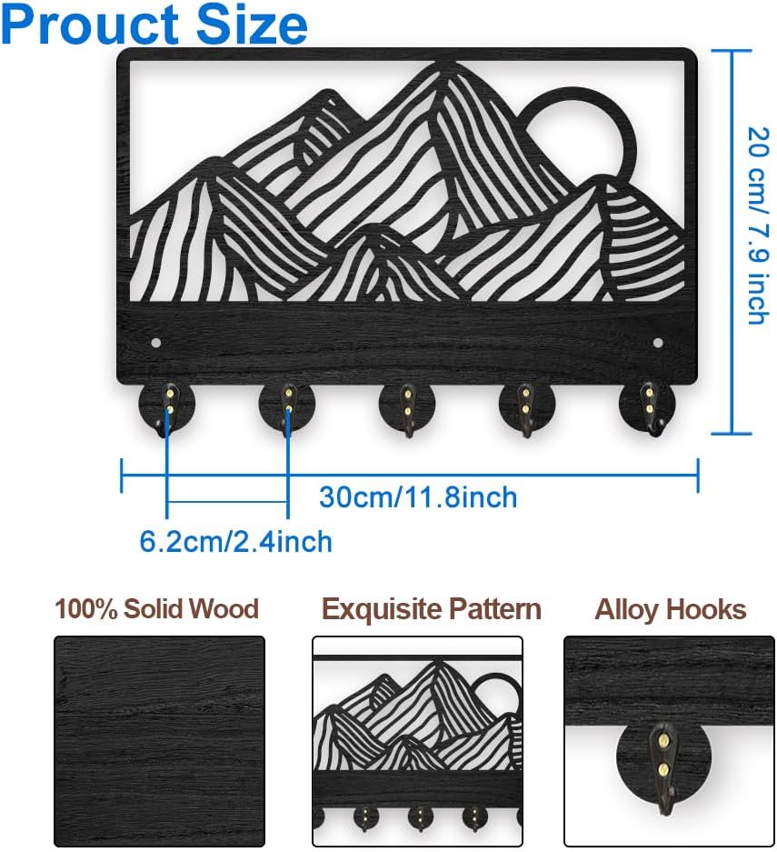 MAYJOYDIY Wooden Mountain Peak Coat Rack Wall Mount 11.8×7.9inch Sunset Mountain View Key Hooks Natural Scenery Coat Hook Organizer with 5 Alloy Hooks for Entryway Bedroom Living Room Office