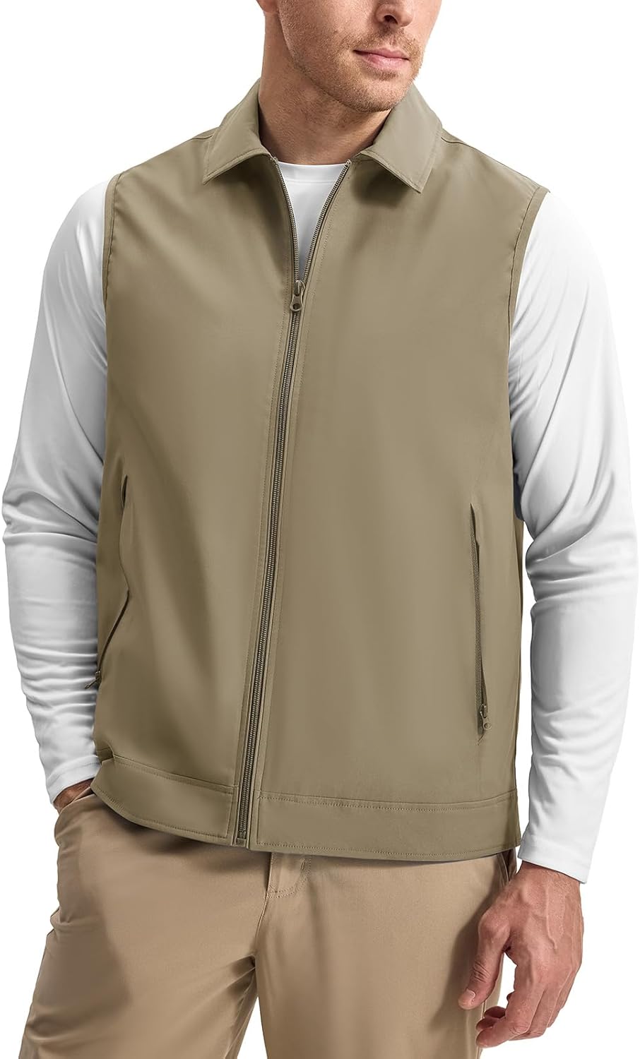 Rdruko Men's Golf Vest Lightweight Outerwear Windproof Water Resistant Grid Lining Vest with Zipper Pockets for Casual