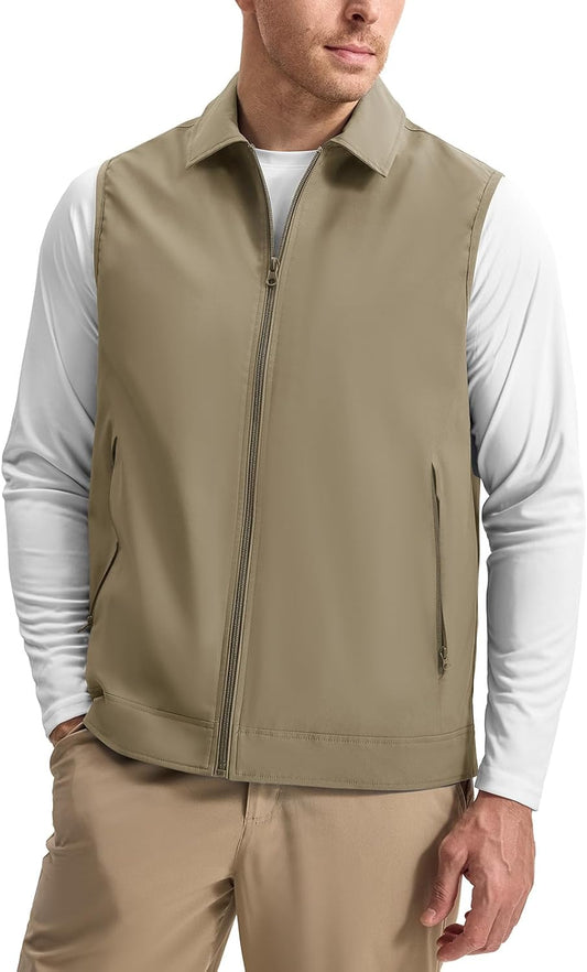 Rdruko Men's Golf Vest Lightweight Outerwear Windproof Water Resistant Grid Lining Vest with Zipper Pockets for Casual