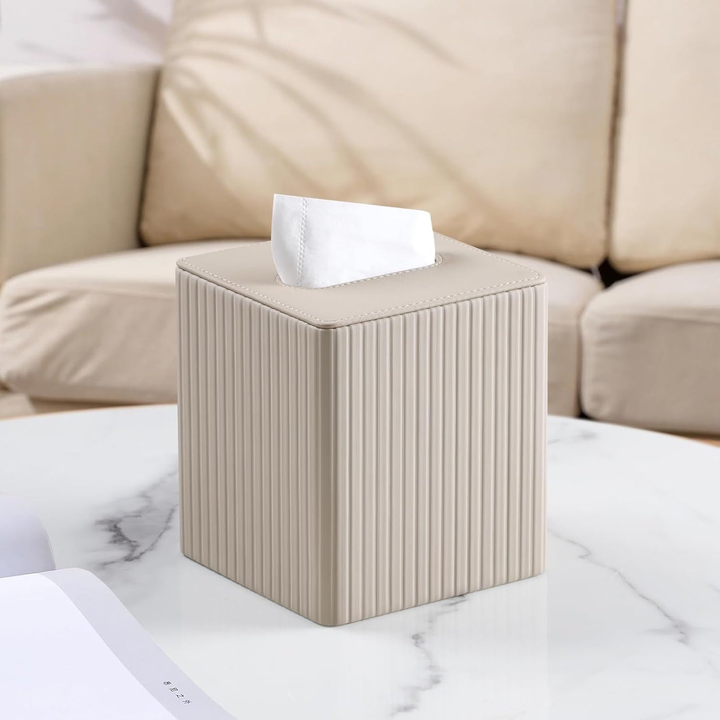 PU Leather Tissue Box Cover Square Tissue Box Holder with Magnetic Closure (Beige Stripe)