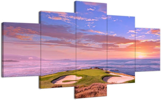 chenchenArt Pebble Beach Golf Course Hole 7 Wall Art for Living Room Bedroom Bathroom Home Decorations Monterey California USA Golf Course Pictures Canvas Prints Framed Ready to Hang(60''W x 40''H)