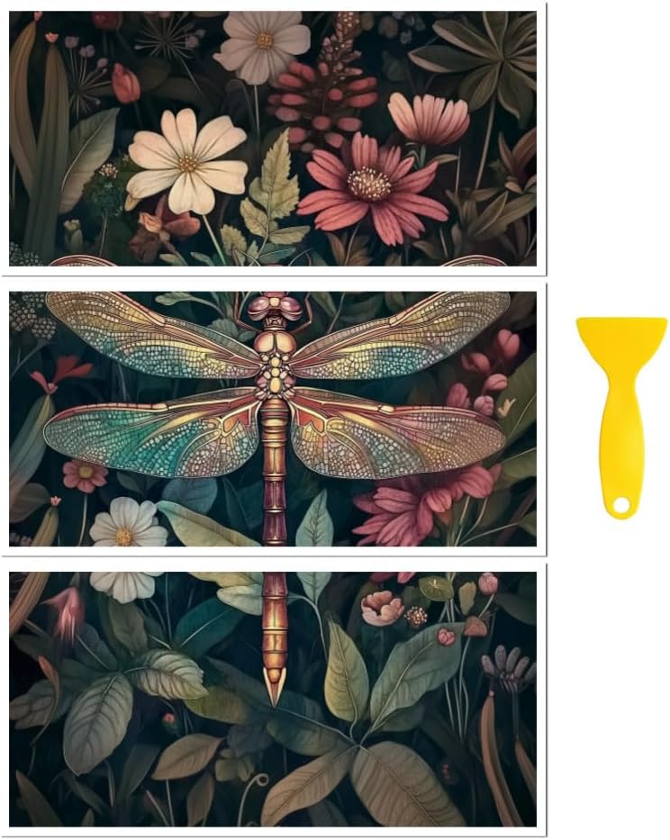 Peacoblue Rub on Transfer Decal Sticker for Furniture Craft Decor 6"x12" Vintage Dragonfly and Flowers, 3Pcs Waterproof UV DTF Transfer for Drawer Dresser Glass Porcelain Wood Plastic Window