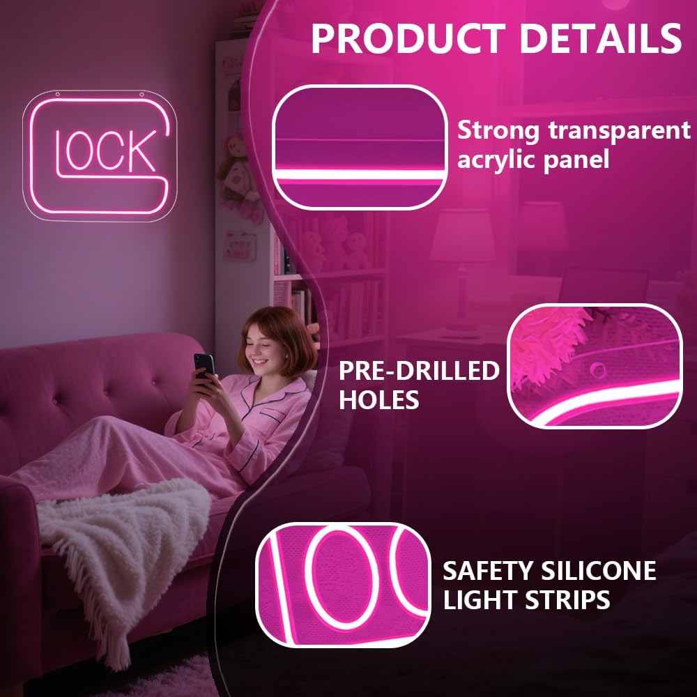 Lock Neon Sign,Pink Dimmable LED Light Signs for Wall Art Decor,Game Backdrop for Bedroom Club Party Man Cave Game Room Bar,Gaming Gift for Boys Teen Men USB Powered（11.4"*9.7"）