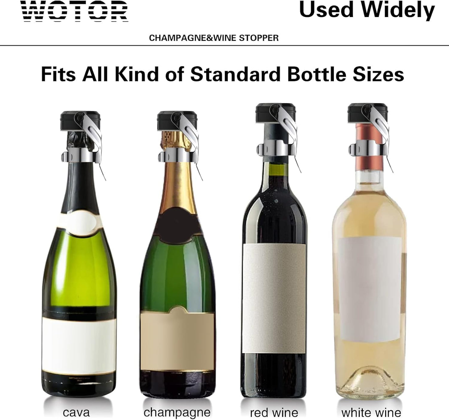 WOTOR Champagne&Wine Bottle Stoppers Stainless Steel with Food Grade Silicone, Leak Proof Keep Fresh Reusable Saver, Cork Suitable for Wine, Champagne, Cava, Prosecco and Sparkling (4 Pack Silver）