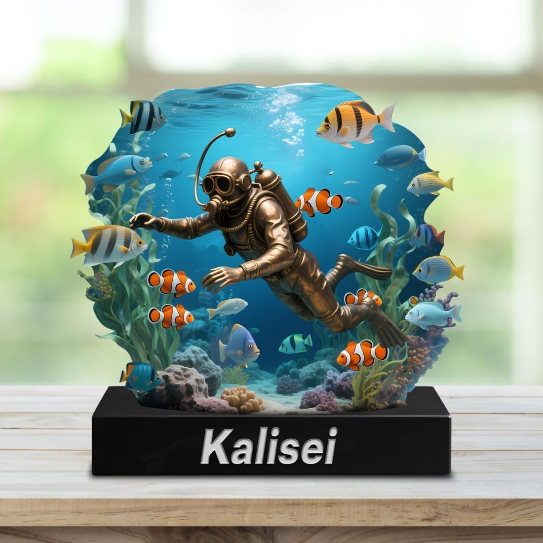Personalized Diver Desktop Ornament Sign Custom Name Desk Sign Art Diving Lovers Flat Acrylic Plaque for Home Men Cave Desk Decor Plaque Gifts for Diver Birthday Christmas Xmas Decoration