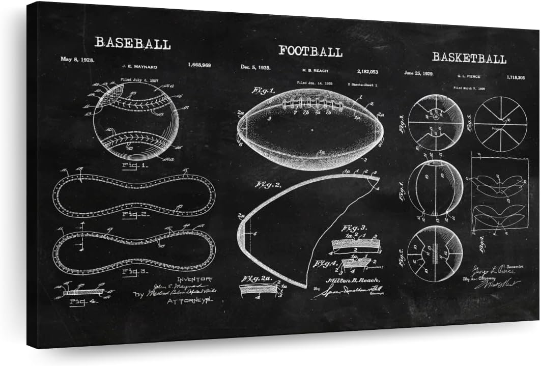 ElephantStock Sports Balls Compilation BW Patent Canvas - 1 Panel Patent Wall Art Decor - Sports Decorations for Boys Room - Wall Art and Office Decor - 45" X 30"