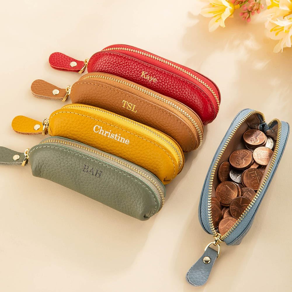 Personalized Multicolor Mini Genuine Leather Coin Purse Small Change Zipper Purse Makeup Bag with Name Daily Travel Accessories Birthday Gift for Women