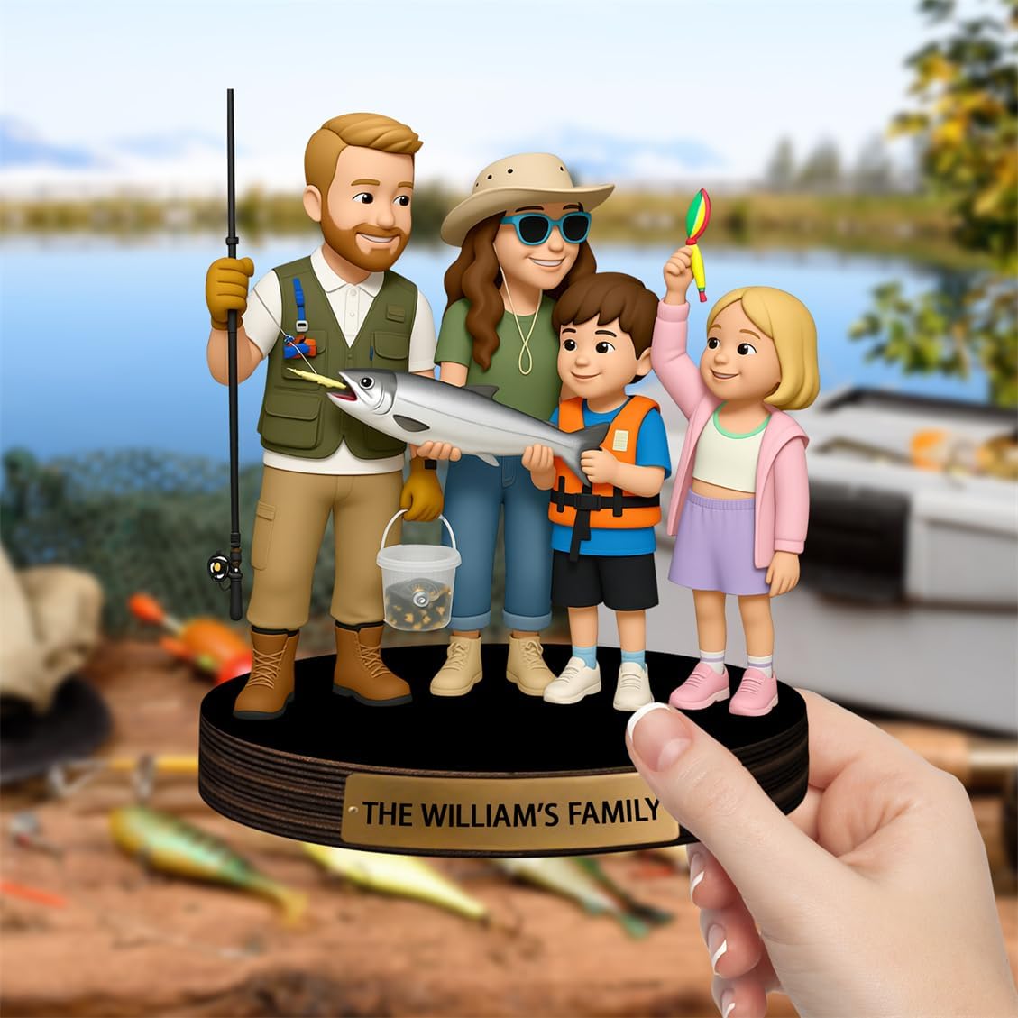 Personalized Family Photo Cartoon Desktop Ornament Custom Fisherman Portrait Figurine Plaque with Name Picture Acrylic Sculpture Desk Sign for Men Women Family Lover Christmas,01