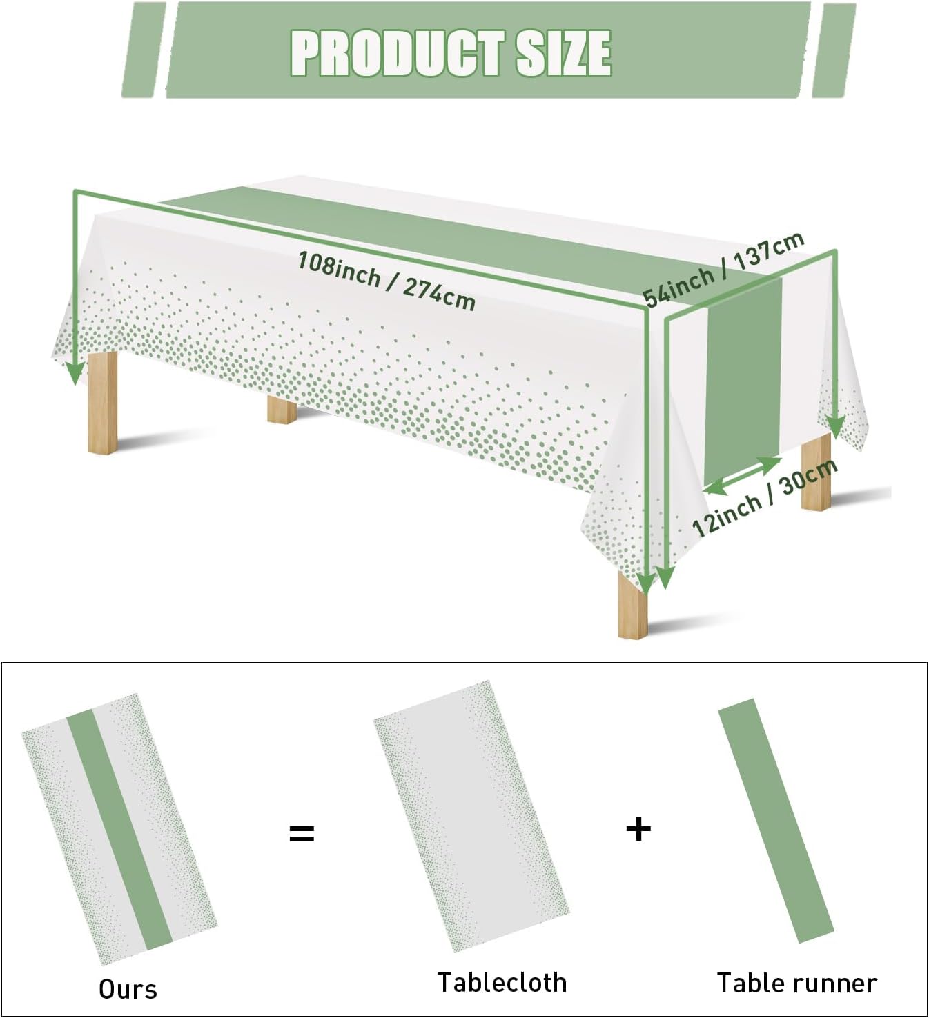 3 Pack 2in1 Disposable Plastic Tablecloths 54" x 108" White and Sage Green Dot Party Table Cloth Rectangle Table Cover for Wedding Birthday Baby Shower Anniversary Christmas New Year Party Decorations