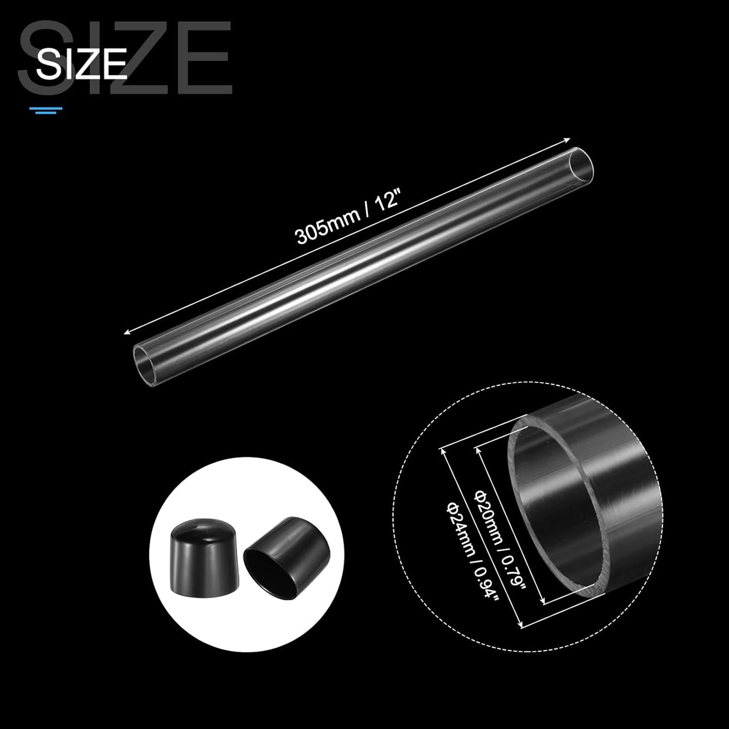 PATIKIL Clear Rigid Tube Round Plastic Tubing with Black Rubber Caps Polycarbonate Water Pipe, 305mm/ 12 Inch Length, 20mmx24mm/0.79"x0.94", 2 Set