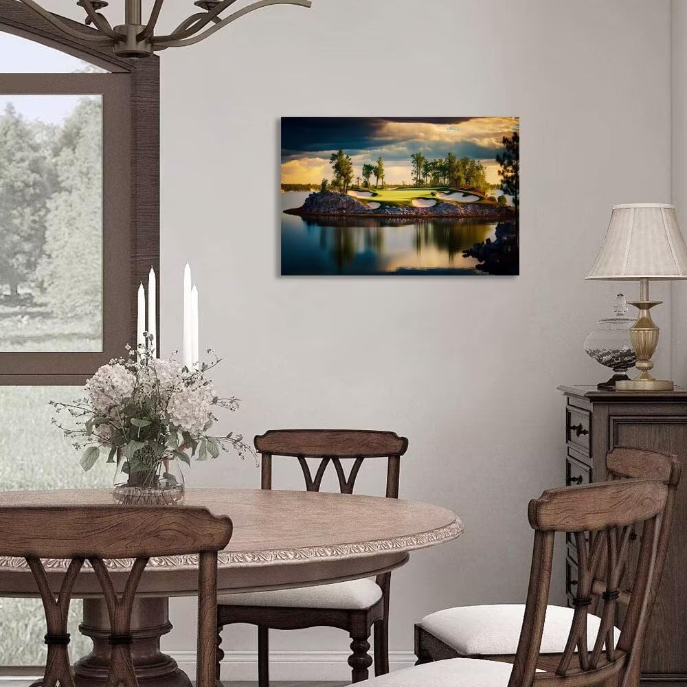 chenchenArt Sunset Landscape Golf Course Wall Art Picture Golf Course Wall Decor for Living Room Bedroom Bathroom Home Decorations Canvas Prints Framed Ready to Hang(12''H x 16''W)