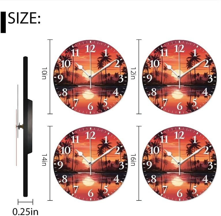 Sunset Wall Clock Non-Ticking Silent Clocks Battery Operated Analog Decor Clock for Home-Sunset with Palm Trees and Reflections On The Water(12inch)