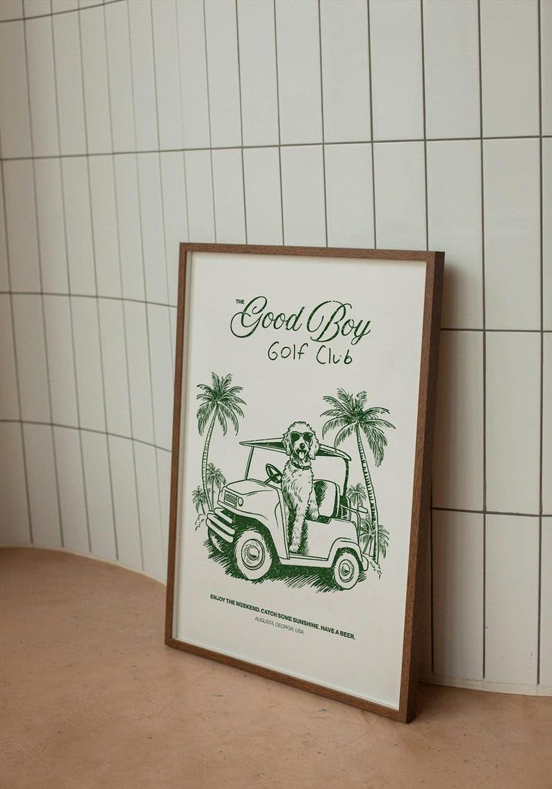Nationcog Good Boy Golf Club Poster, Golden Doodle Dog Driving Golf Cart Print, Funny Retro Golf Wall Art, Perfect Golf Gift for Men, Dad, or Sports Enthusiasts (Unframed) (12x18)