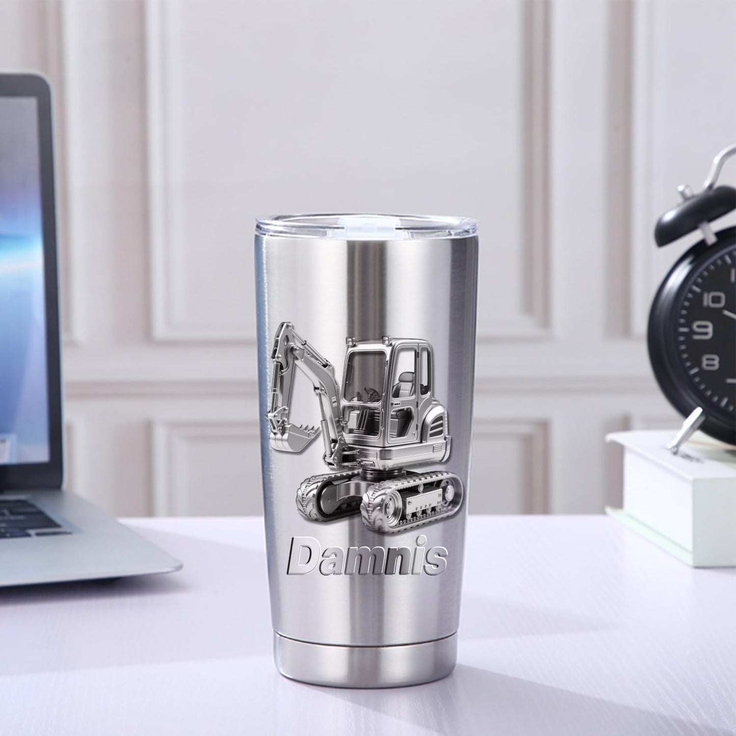 Personalized 3D Excavator Stainless Steel Silver Tumbler Mug for Kids Boys, Custom Name Excavator Tumbler Mug for Construction Lover, Kids Boy Birthsday Gift