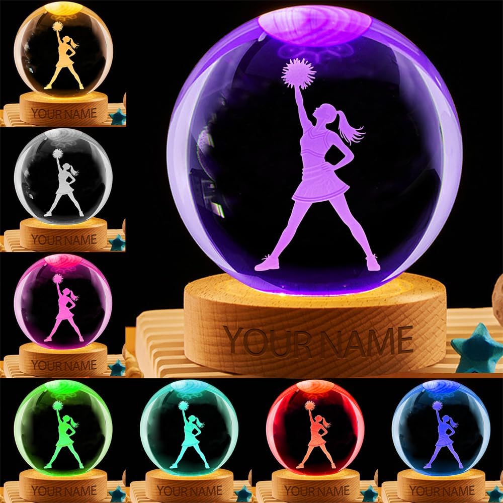 Personalized Cheerleader Crystal Night Light Gift for Women, Custom Name/Number Cheerleader 3D Crystal Ball Night Light Lamp for Bedroom Room Dance Decor Party Bar Christmas Birthday Gift