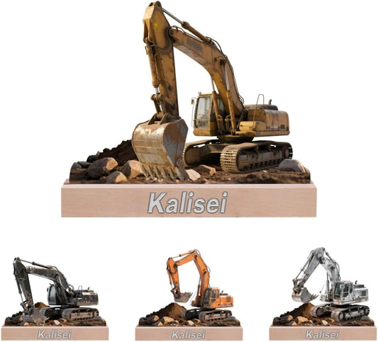 Personalized Excavator Desktop Ornament Sign Custom Name Flat Desk Sign Excavator Plaque with Wooden Base Home Garage Men Cave Desk Decor Plaque Gifts for Dad Grandpa Birthday Xmas
