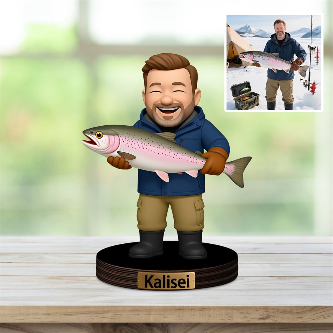 Personalized Family Photo Cartoon Desktop Ornament Custom Fisherman Portrait Figurine Plaque with Name Picture Acrylic Sculpture Desk Sign for Men Women Family Lover Christmas,01