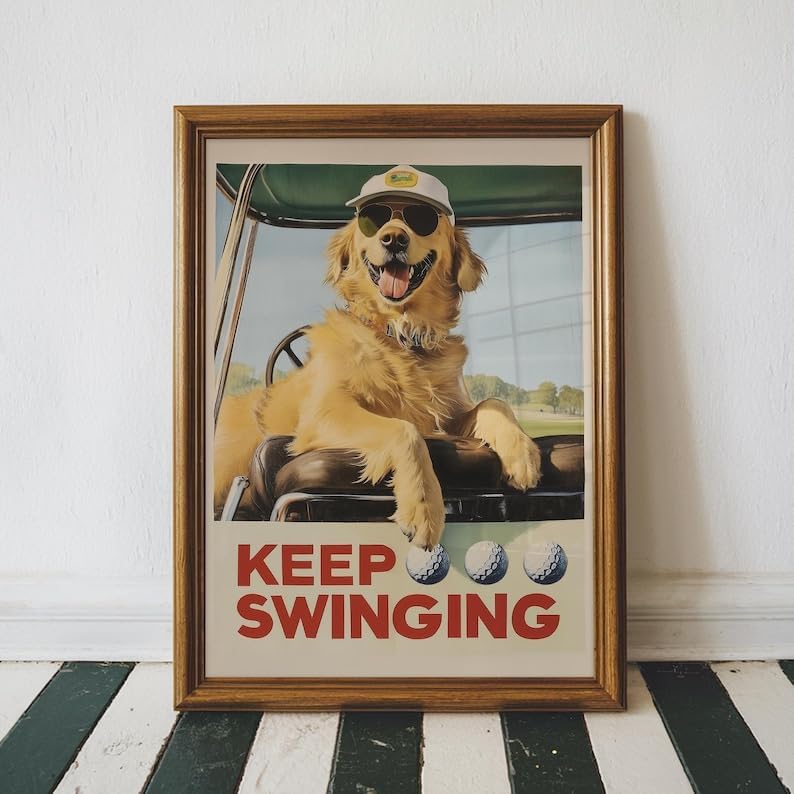 Funny Golden Retriever Golf Wall Art, Vintage Retro Dog Sports Print for Golf Lovers, Bar or Office Decor, Keep Swinging Inspirational Artwork (Unframed) (12x18)
