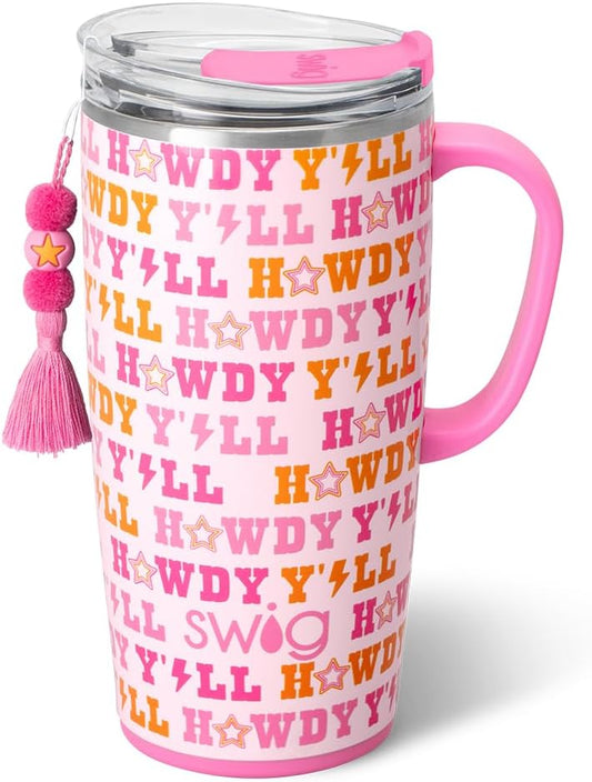 Swig Life 22oz Travel Mug, Insulated Tumbler with Handle and Lid, Cup Holder Friendly, Dishwasher Safe, Stainless Steel, Travel Coffee Cup, Insulated Mug with Lid (Howdy Yall)