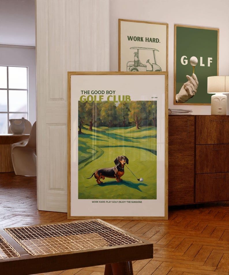 Nationcog Golf Wall Art Print, Good Boy Golf Club Poster with Dachshund Dog, Colorful Impasto Painting, Retro Sports Decor, Funny Wiener Dog Artwork, Great Gift for Golf Fans (Unframed) (16x24)