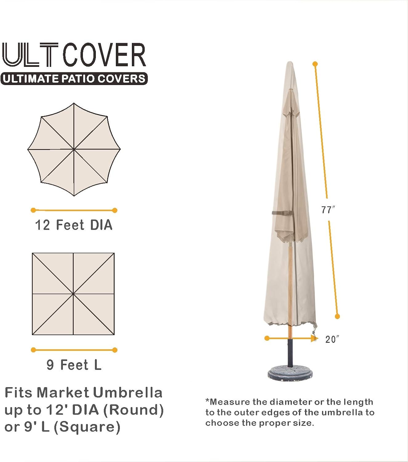 ULTCOVER Patio Parasol 600D Waterproof Outdoor Market Umbrella Cover - Fits Market Umbrella Up to 12 Feet