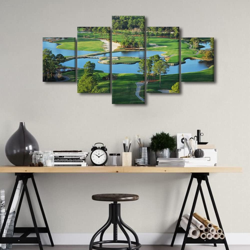 Green Golf Course Wall Art Golfing Sport Paintings for Living Room 5 Panels Prints on Canvas Bunker Pictures Landscape Artwork Gallery-Wrapped Home Modern Decor Framed Ready to Hang - 60"W x 32"H