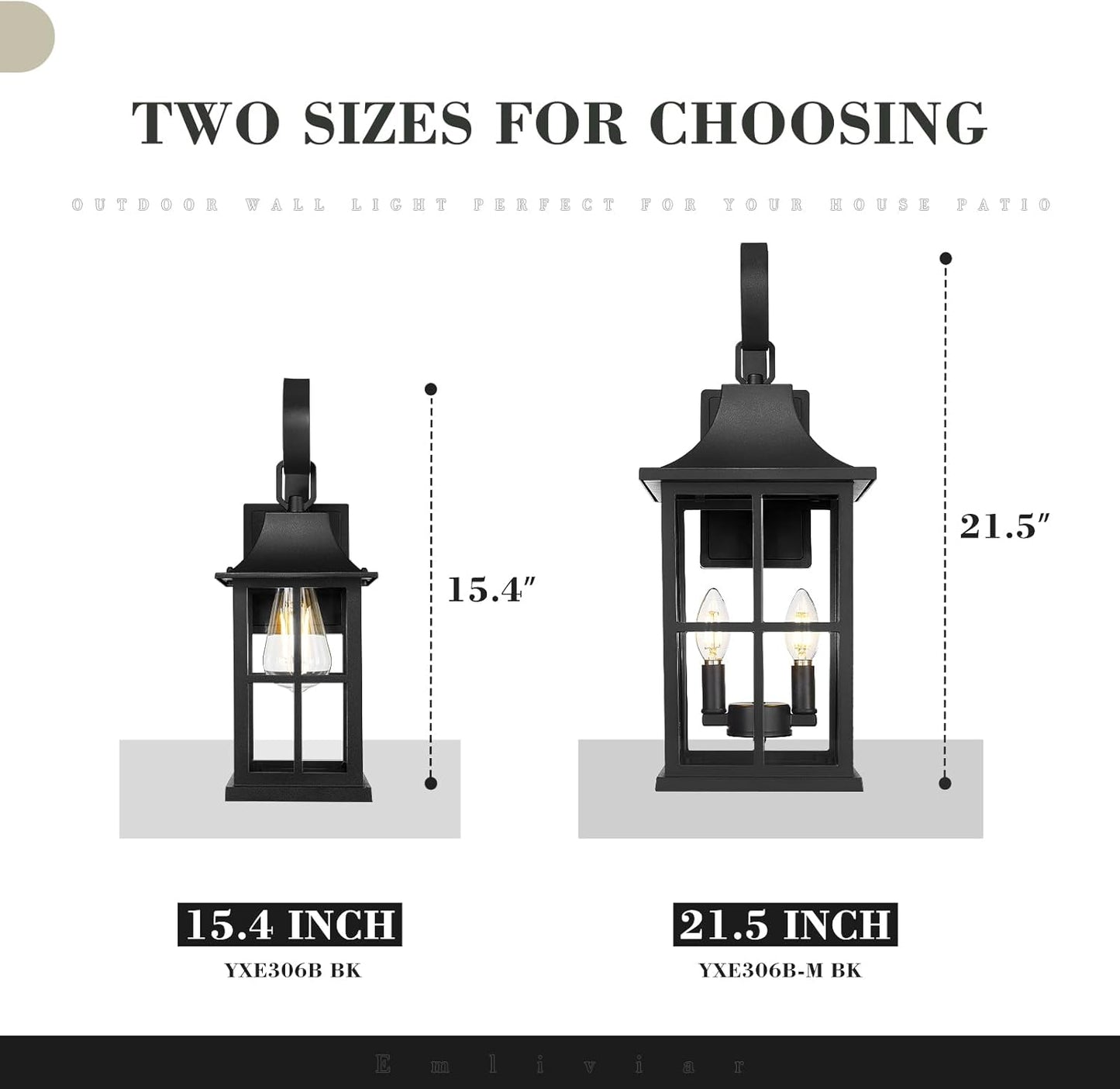 Emliviar Outdoor Porch Light Wall Mount, 15.4 Inch Patio Wall Light Fixture in Black Finish, Outside Light with Clear Glass for Garage, YXE306B BK