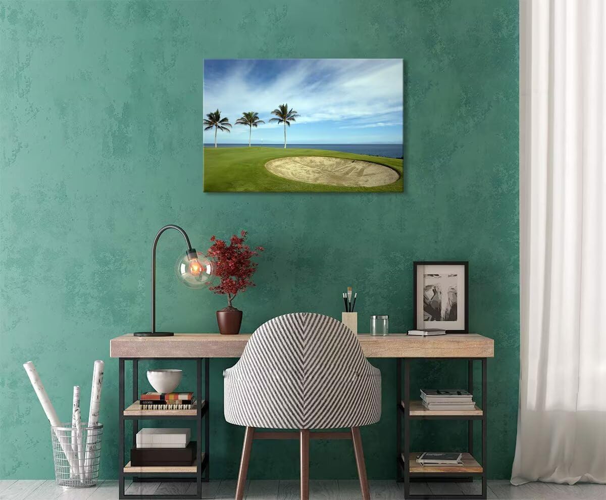Green Hawaiian Golf Course Wall Art for Living Room Bedroom Bathroom Home Decorations Golf Art Canvas Prints Hawaii Golf Course Picture Poster Framed Artwork Ready to Hang(18''H x 24''W)