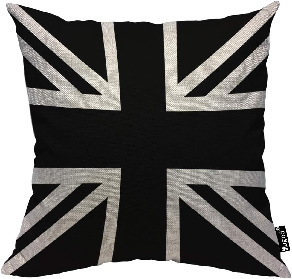 Mugod Union Jack Throw Pillow United Kingdom Flag Geometric Pattern Black and White Cotton Linen Square Cushion Cover Standard Pillowcase 18x18 Inch for Home Decorative Bedroom/Living Room/Car