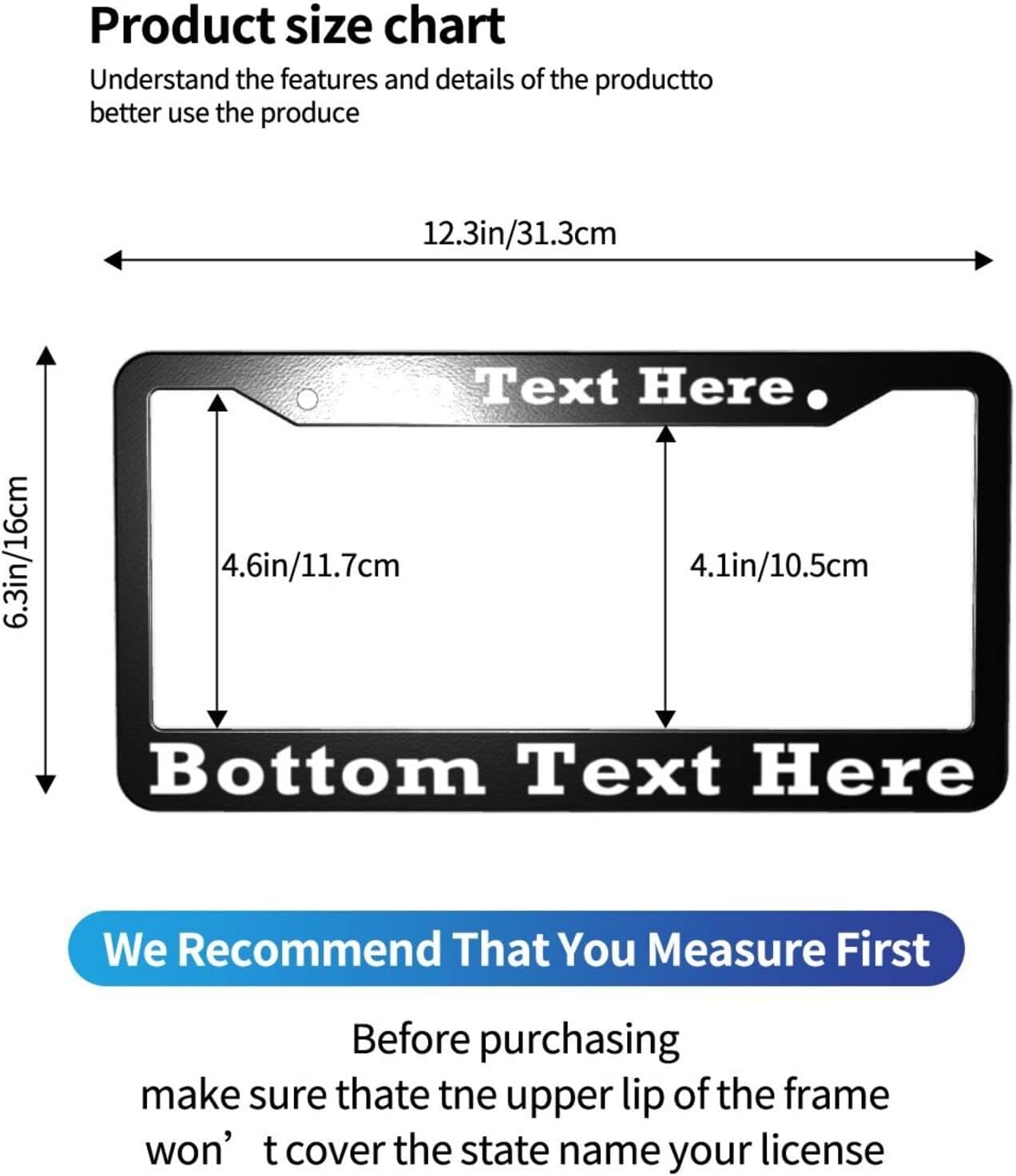2 Packs Custom License Plate Frame Personalized Car Tag Frame with Screw Caps,2 Holes,12"x6",Style 1