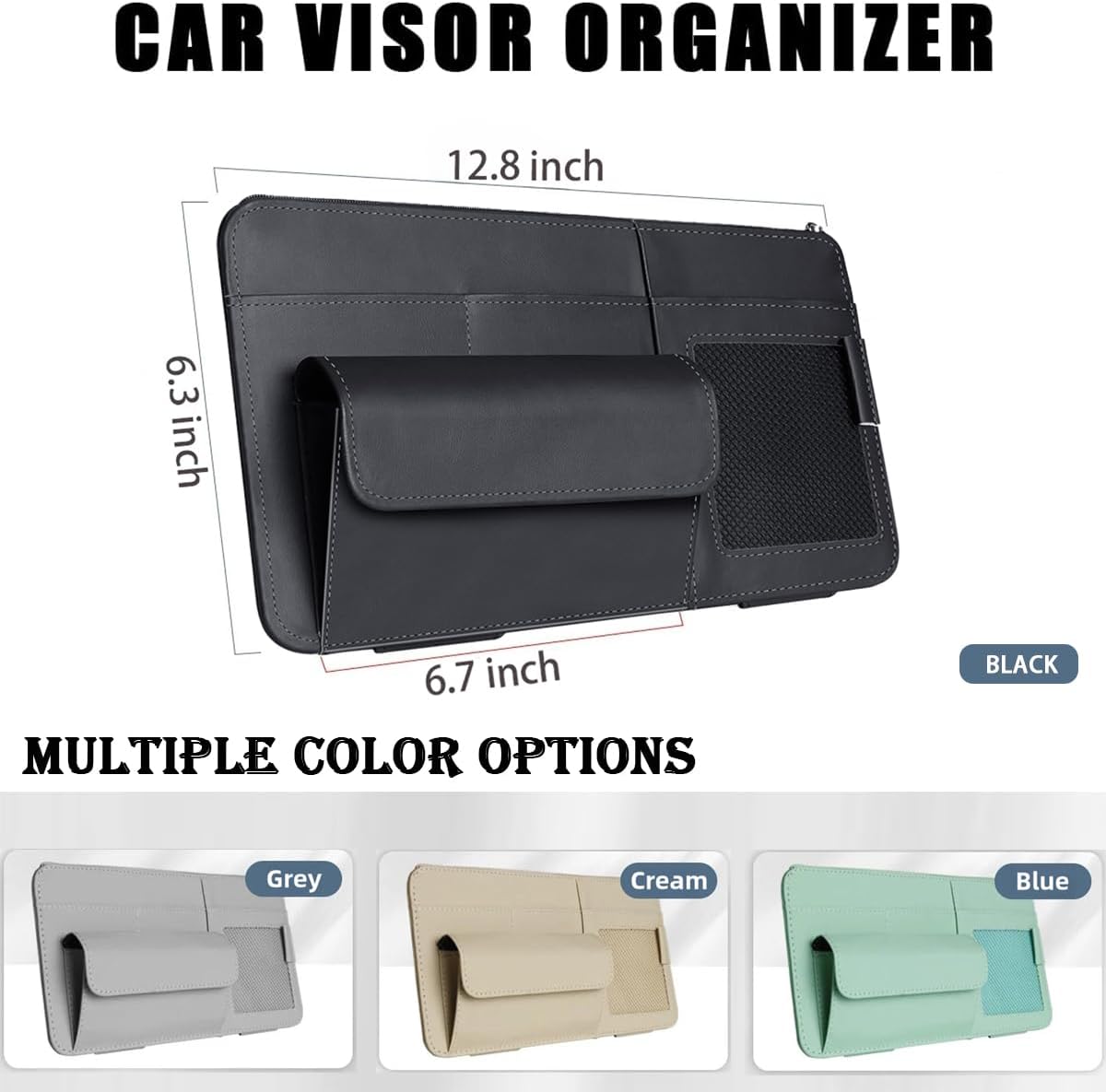 Car Visor Organizer, Multi-Pocket Sunvisor Storage with Sunglass Holder, Document Holder and Visor Card Clip, Fit for AUTO SUV & Truck, Leather Car Accessories Interior (Grey)