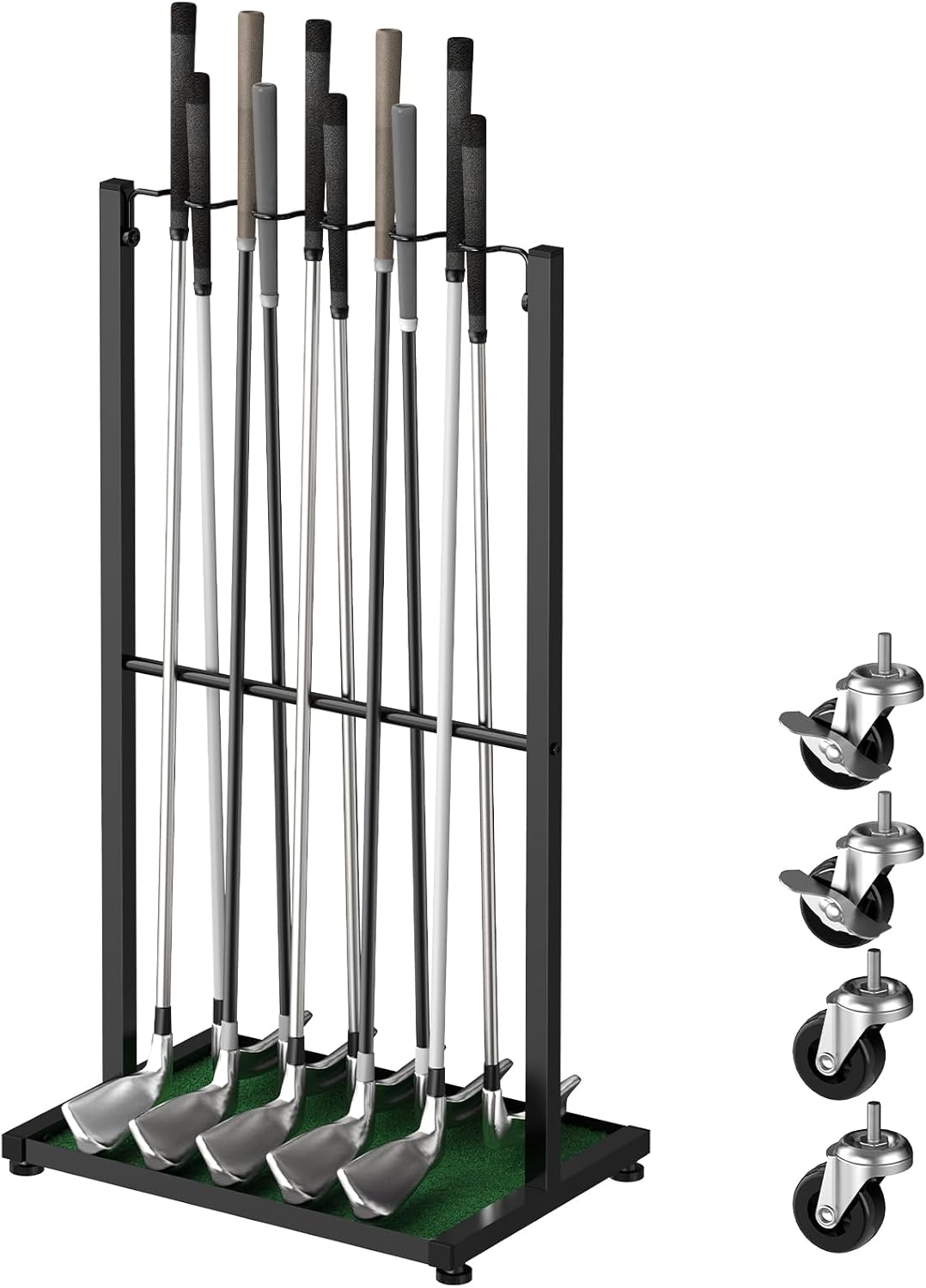 Golf Club Holder Floor Stand Golf Putter Stand with Wheels for 10 Clubs, Solid Metal Golf Club Organizer, Golf Club Storage Rack Cart for Garage Home Office, Indoor and Outdoor Use, Black