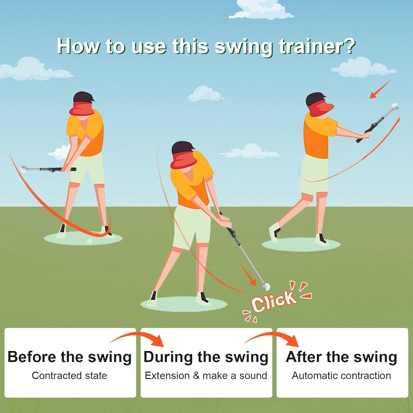 Pro-Level Retractable Golf Swing Trainer - Right-Handed Click Stick Golf Grip Trainer | Practice & Pre-Round Warm-Up Golf Training Aid