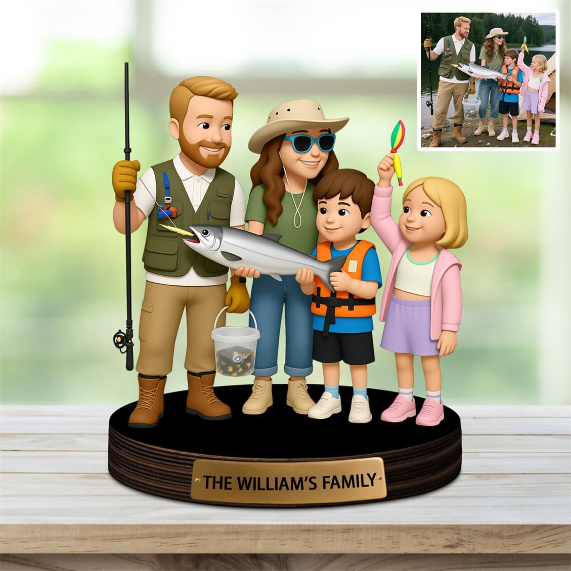 Personalized Family Photo Cartoon Desktop Ornament Custom Fisherman Portrait Figurine Plaque with Name Picture Acrylic Sculpture Desk Sign for Men Women Family Lover Christmas,02