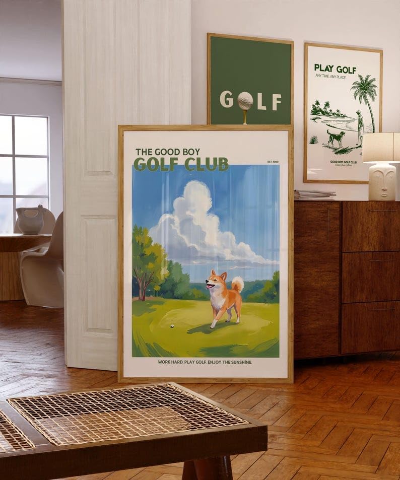 Good Boy Golf Club Poster, Shiba Inu Dog on Golf Course Wall Art, Retro Oil Painting Style Golf Print, Trendy Golf Wall Art, Creative Present for Golf Enthusiasts (Unframed) (11x14)