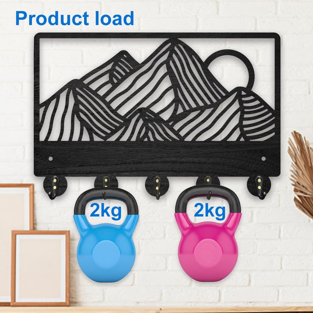 MAYJOYDIY Wooden Mountain Peak Coat Rack Wall Mount 11.8×7.9inch Sunset Mountain View Key Hooks Natural Scenery Coat Hook Organizer with 5 Alloy Hooks for Entryway Bedroom Living Room Office